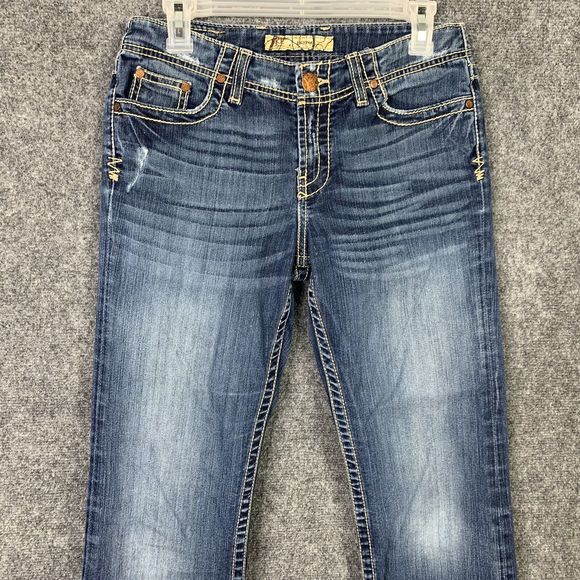 BKE Denim Jeans Women 27 Boot Cut Style BRITM Distressed White Stitching - Picture 2 of 13